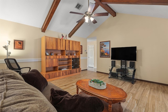 1109 Alan St, Deer Park, TX 77536 - living room with light wood-type flooring, a ceiling fan, beam ceiling, baseboards, and high vaulted ceiling