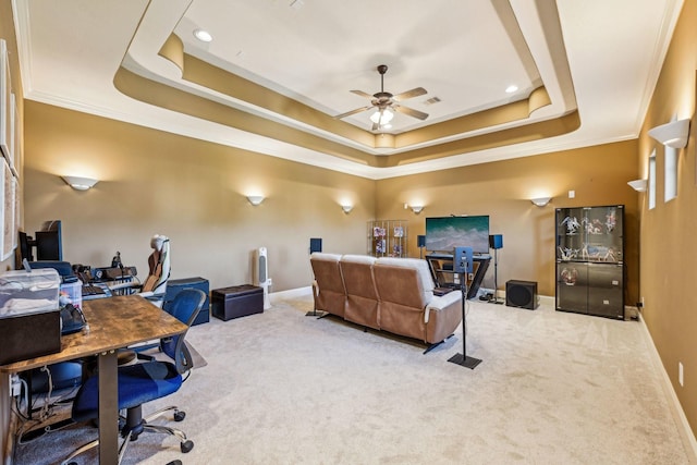 24807 Thorton Knolls Dr, Spring, TX 77389 - office space with a raised ceiling, a ceiling fan, ornamental molding, carpet floors, and baseboards