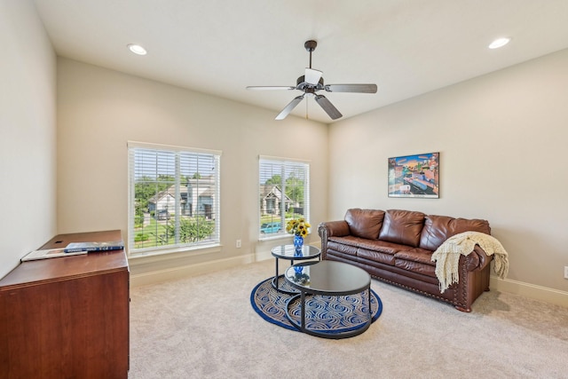 24807 Thorton Knolls Dr, Spring, TX 77389 - carpeted living room featuring ceiling fan, baseboards, and recessed lighting