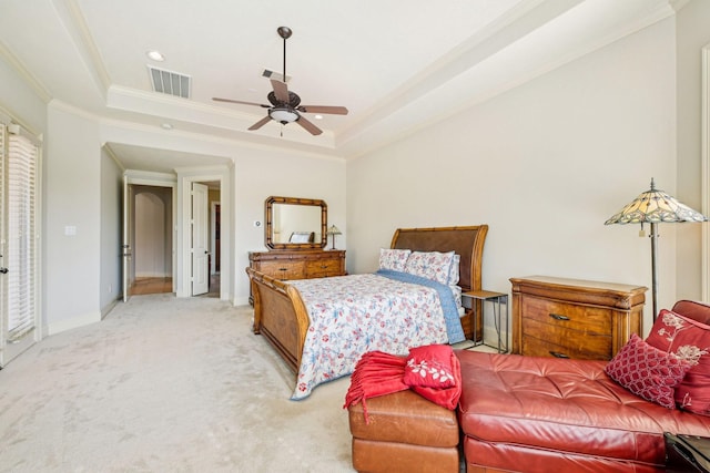 24807 Thorton Knolls Dr, Spring, TX 77389 - bedroom featuring ornamental molding, a raised ceiling, light colored carpet, baseboards, and a ceiling fan