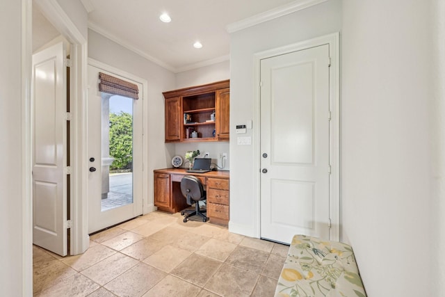 24807 Thorton Knolls Dr, Spring, TX 77389 - office area featuring built in desk, crown molding, recessed lighting, and baseboards