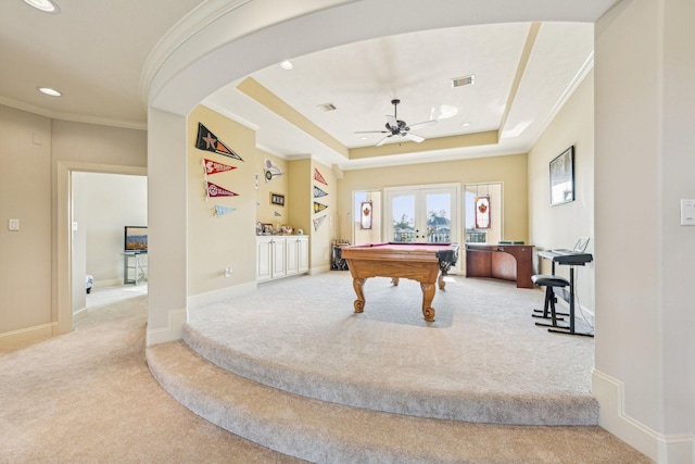 24807 Thorton Knolls Dr, Spring, TX 77389 - playroom featuring carpet floors, billiards table, a tray ceiling, recessed lighting, and crown molding