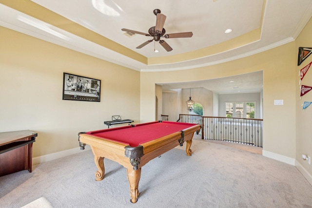 24807 Thorton Knolls Dr, Spring, TX 77389 - recreation room featuring carpet, a ceiling fan, a raised ceiling, ornamental molding, and baseboards