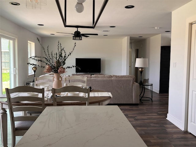 1618 Del Norte St, Houston, TX 77018 - dining area featuring dark wood-style floors, baseboards, ceiling fan, and recessed lighting