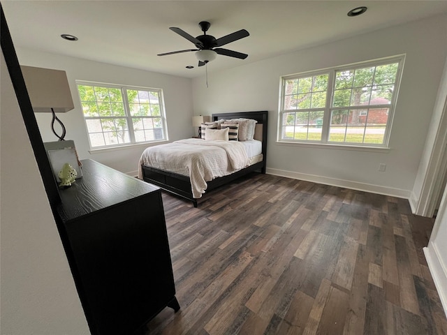 1618 Del Norte St, Houston, TX 77018 - bedroom featuring dark wood finished floors, ceiling fan, baseboards, and recessed lighting