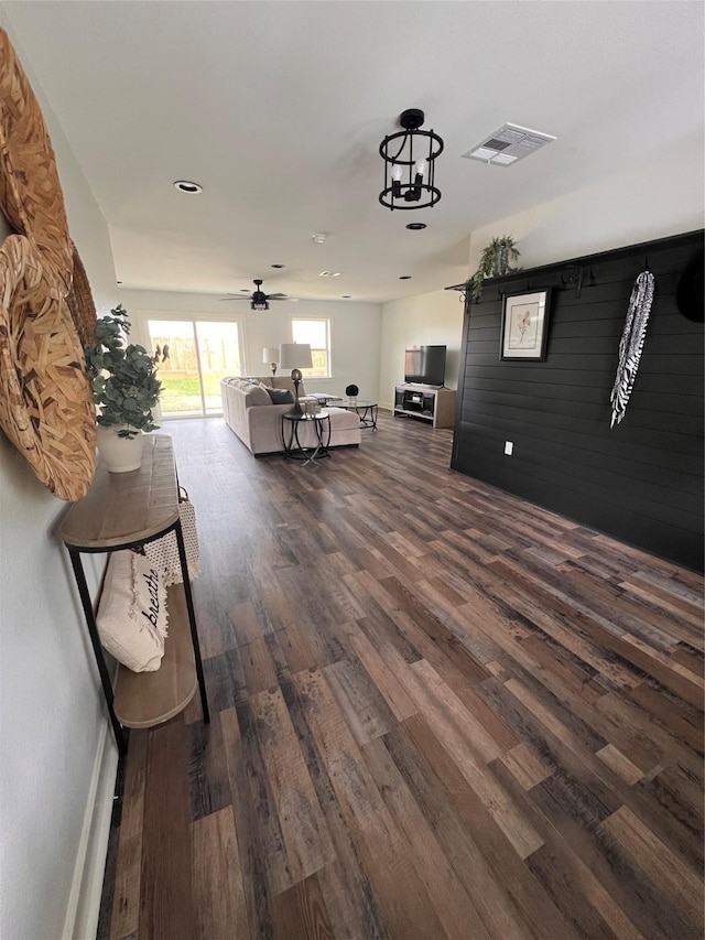 1618 Del Norte St, Houston, TX 77018 - living area with dark wood-style floors, a ceiling fan, baseboards, and recessed lighting