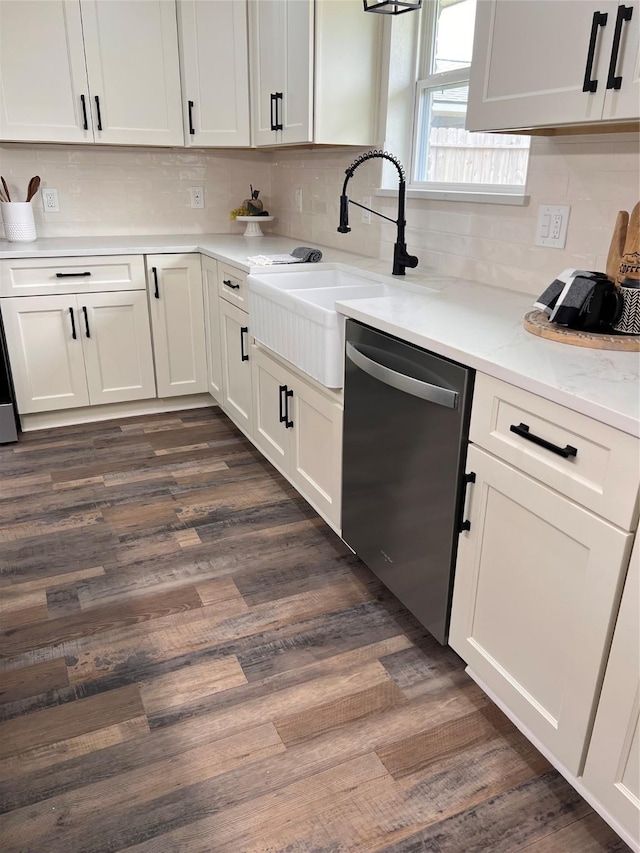 1618 Del Norte St, Houston, TX 77018 - kitchen with dishwasher, decorative backsplash, white cabinetry, and dark wood-style flooring