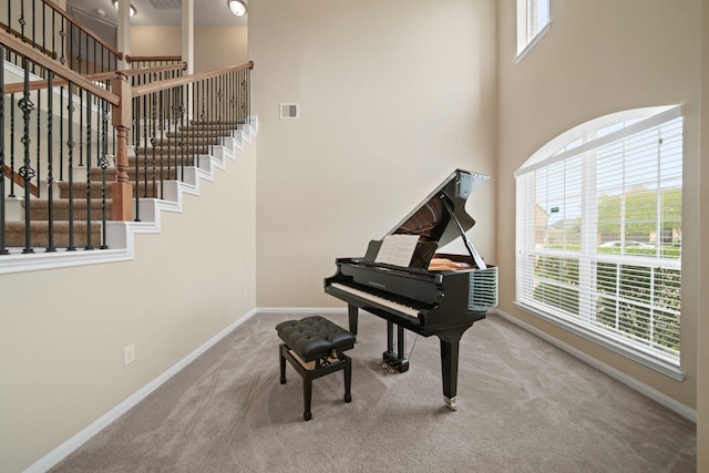 4010 Brookfield Run Ln, Sugar Land, TX 77479 - sitting room with carpet flooring, a high ceiling, baseboards, and stairs