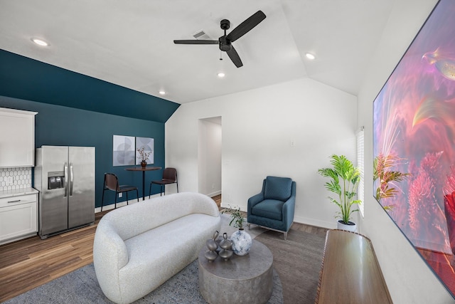 17070 Marie Village Dr, Conroe, TX 77306 - sitting room featuring lofted ceiling, a ceiling fan, wood finished floors, baseboards, and recessed lighting