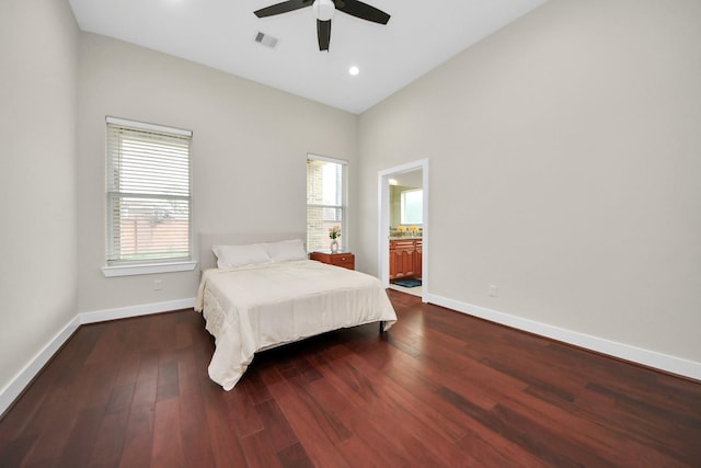 2003 Marthoman Dr, Missouri City, TX 77489 - bedroom featuring baseboards, wood finished floors, a ceiling fan, recessed lighting, and connected bathroom