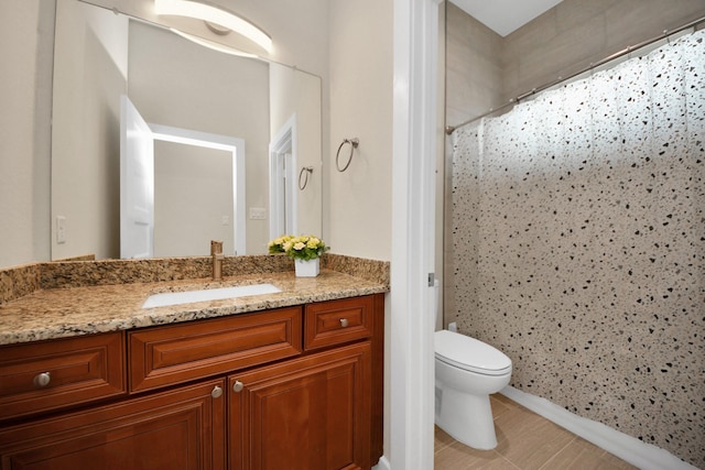 2003 Marthoman Dr, Missouri City, TX 77489 - bathroom with vanity, toilet, curtained shower, and tile patterned flooring