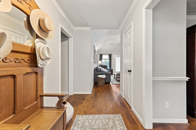6509 Patricia St, Katy, TX 77493 - corridor featuring wood-type flooring, a textured ceiling, baseboards, and crown molding