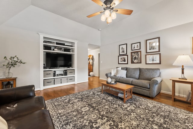 6509 Patricia St, Katy, TX 77493 - living room featuring ceiling fan, baseboards, and wood finished floors