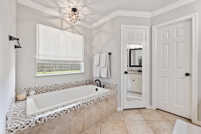 6509 Patricia St, Katy, TX 77493 - bathroom with a garden tub, vanity, ornamental molding, and tile patterned floors