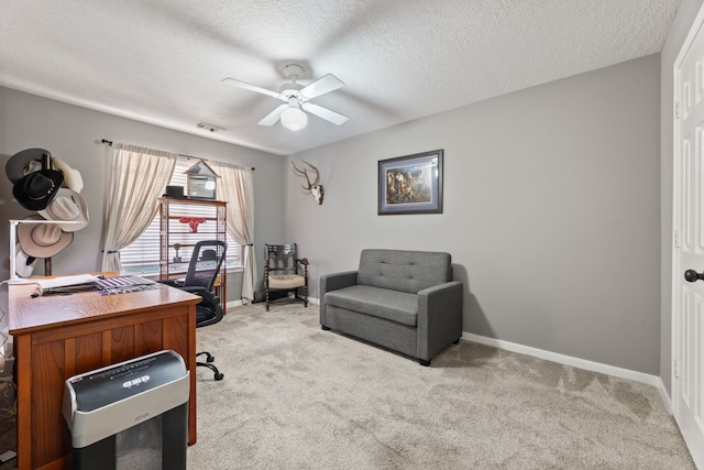 6509 Patricia St, Katy, TX 77493 - carpeted office with a ceiling fan, baseboards, and a textured ceiling
