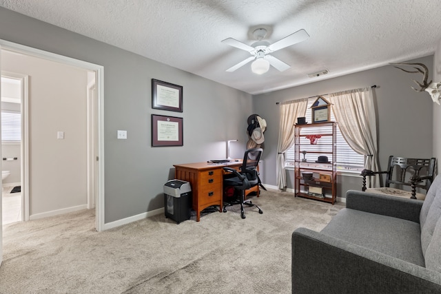 6509 Patricia St, Katy, TX 77493 - carpeted office with ceiling fan, a textured ceiling, and baseboards