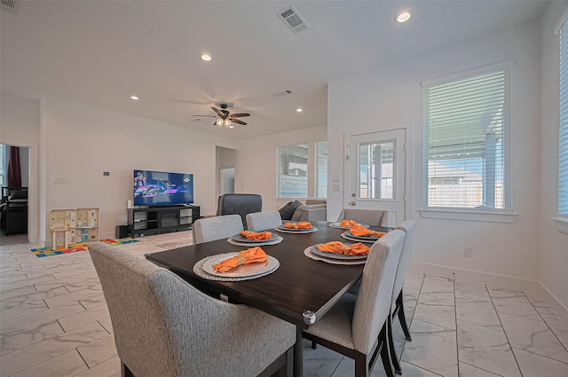 4507 Mustang Run Dr, Rosenberg, TX 77469 - dining space featuring light marble finish flooring, recessed lighting, ceiling fan, and baseboards