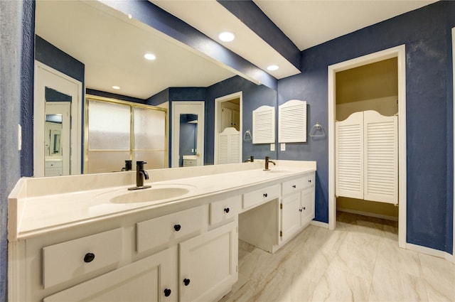 1802 Cobblestone Ct, Richmond, TX 77406 - bathroom with double vanity, baseboards, a shower stall, recessed lighting, and a closet