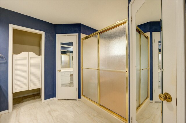 1802 Cobblestone Ct, Richmond, TX 77406 - full bathroom with a shower stall, marble finish floors, and baseboards