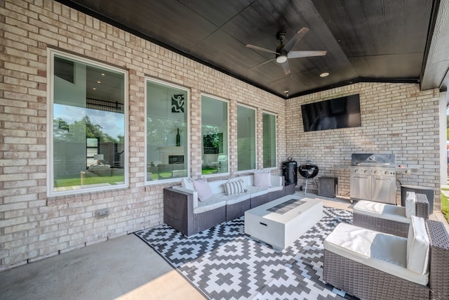 2003 Jitterbug Ln, Katy, TX 77493 - view of patio featuring an outdoor hangout area, a grill, and a ceiling fan