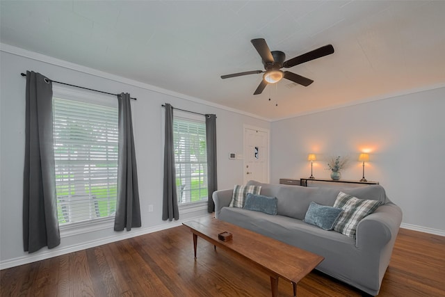 810 Stubbs St, La Marque, TX 77568 - living area featuring ceiling fan, wood finished floors, baseboards, and crown molding
