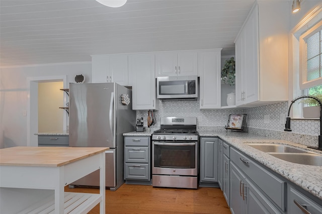 810 Stubbs St, La Marque, TX 77568 - kitchen featuring stainless steel appliances, gray cabinets, a sink, light wood finished floors, and tasteful backsplash