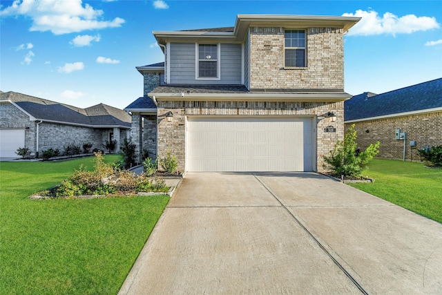 7419 French Quarter Ct, Fulshear, TX 77441 - view of front of house featuring concrete driveway, a garage, a front yard, and brick siding