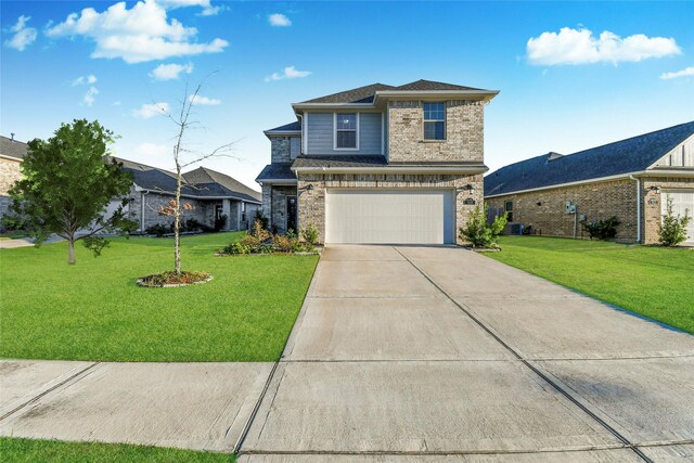 7419 French Quarter Ct, Fulshear, TX 77441 - view of front of house featuring an attached garage, driveway, a front yard, and brick siding