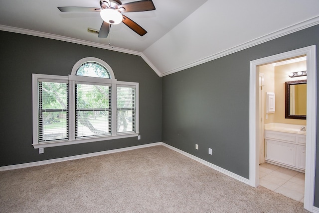 3911 Fielder Cir, Missouri City, TX 77459 - unfurnished room featuring light carpet, ceiling fan, ornamental molding, baseboards, and vaulted ceiling
