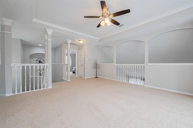 6718 Cleft Stone Dr, Houston, TX 77084 - carpeted empty room featuring ornate columns, a ceiling fan, crown molding, and baseboards