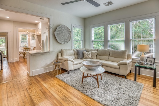1708 S Park St, Brenham, TX 77833 - living area featuring ceiling fan, healthy amount of natural light, light wood-style flooring, baseboards, and recessed lighting
