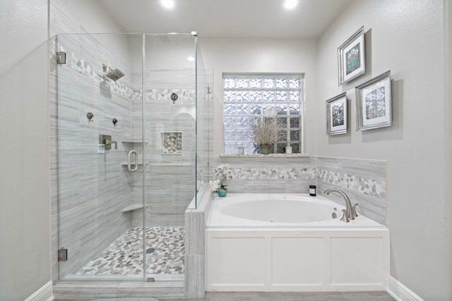 2517 Royal Terns Ct, League City, TX 77573 - bathroom featuring a garden tub, a shower stall, baseboards, and recessed lighting