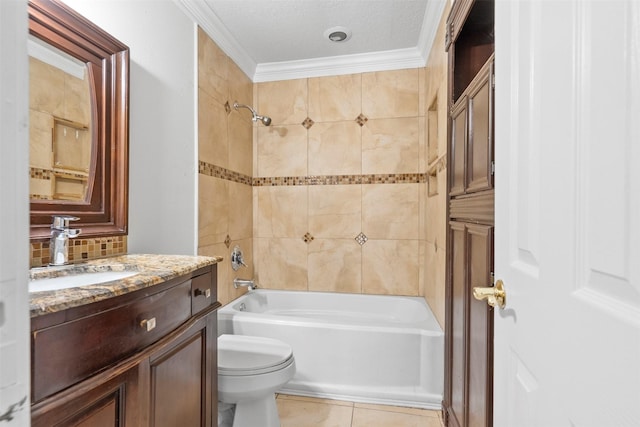 15034 Elstree Dr, Channelview, TX 77530 - bathroom featuring washtub / shower combination, toilet, vanity, backsplash, and tile patterned floors