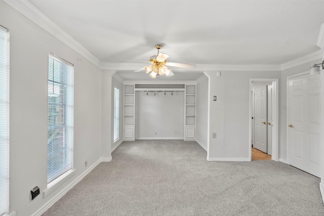15034 Elstree Dr, Channelview, TX 77530 - unfurnished bedroom featuring light colored carpet, ornamental molding, baseboards, and a ceiling fan