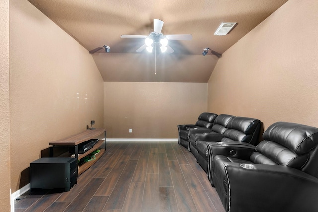 95 W Hullwood Cir, The Woodlands, TX 77389 - cinema room with lofted ceiling, ceiling fan, wood finished floors, and baseboards