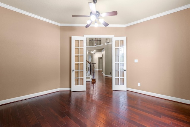95 W Hullwood Cir, The Woodlands, TX 77389 - empty room with french doors, ceiling fan, baseboards, ornamental molding, and hardwood / wood-style flooring