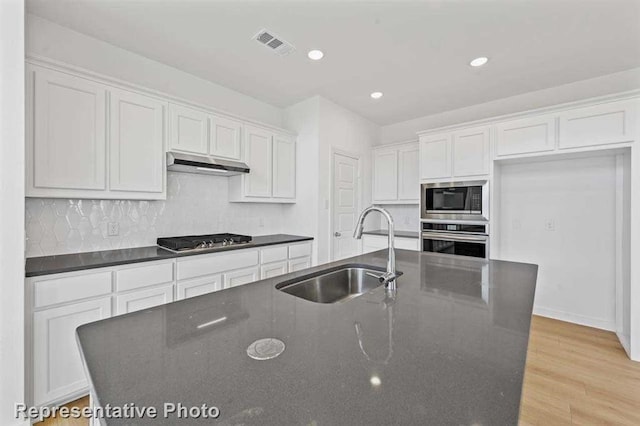 27007 Golden Isle Ln, Katy, TX 77493 - kitchen featuring a sink, appliances with stainless steel finishes, under cabinet range hood, white cabinetry, and decorative backsplash