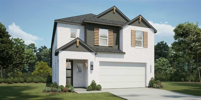 27007 Golden Isle Ln, Katy, TX 77493 - contemporary house with an attached garage, brick siding, a front yard, concrete driveway, and a shingled roof