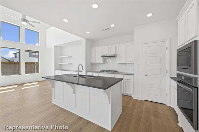 27007 Golden Isle Ln, Katy, TX 77493 - kitchen with stainless steel appliances, a sink, ceiling fan, white cabinets, and recessed lighting