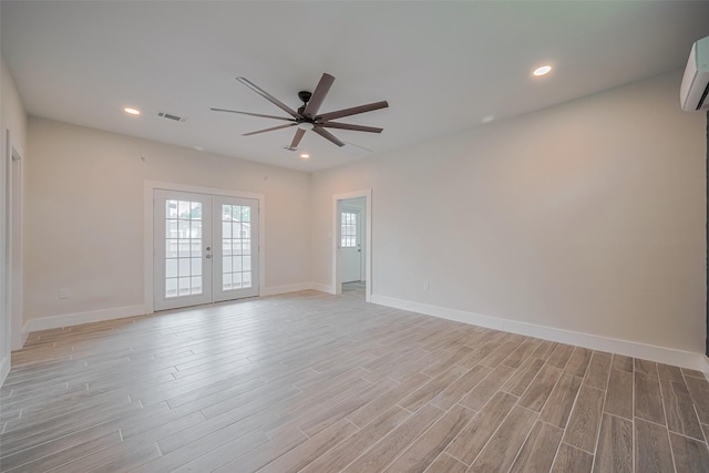 8302 Magna St, Houston, TX 77093 - empty room featuring ceiling fan, light wood-style floors, baseboards, french doors, and recessed lighting