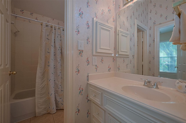 4707 Gladesdale Park Ln, Katy, TX 77450 - full bathroom featuring wallpapered walls, tile patterned flooring, vanity, and shower / bath combination with curtain