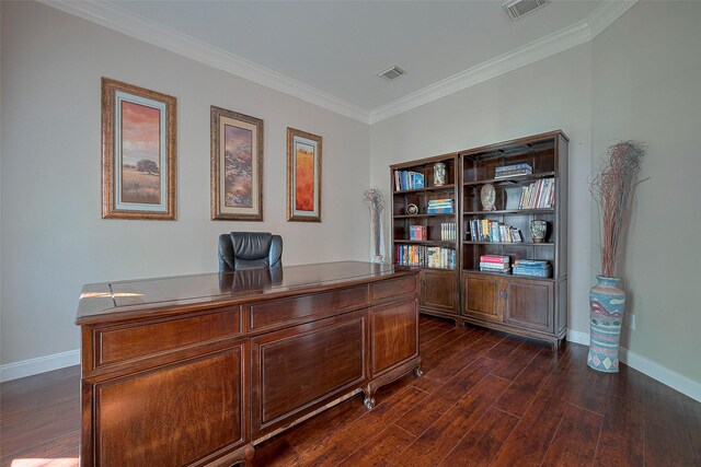4707 Gladesdale Park Ln, Katy, TX 77450 - office area with baseboards, dark wood-style flooring, and crown molding