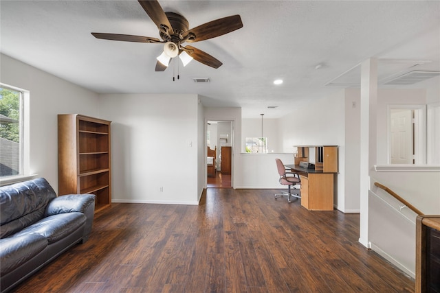 14531 County Cress Dr, Houston, TX 77047 - living area with dark wood-style flooring, baseboards, ceiling fan, and recessed lighting