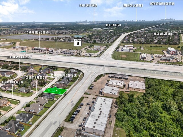 14531 County Cress Dr, Houston, TX 77047 - aerial overview of property's location featuring property parcel outlined and a major roadway
