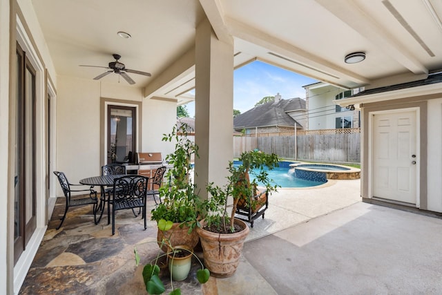 4021 Glenshire St, Houston, TX 77025 - fenced backyard featuring ceiling fan, a patio, outdoor dining area, and a pool with connected hot tub