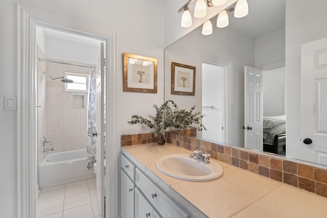 4021 Glenshire St, Houston, TX 77025 - ensuite bathroom with vanity, shower / bath combo with shower curtain, and tile patterned flooring
