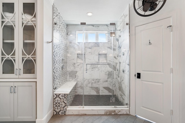 4021 Glenshire St, Houston, TX 77025 - full bath with a shower stall, tile patterned floors, recessed lighting, and baseboards