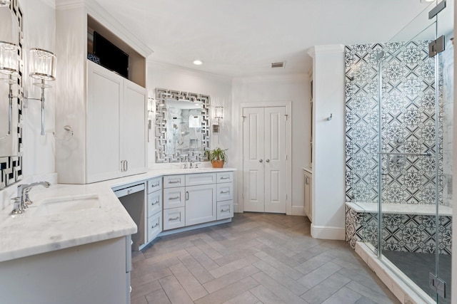 4021 Glenshire St, Houston, TX 77025 - bathroom featuring a shower stall, ornamental molding, vanity, recessed lighting, and baseboards