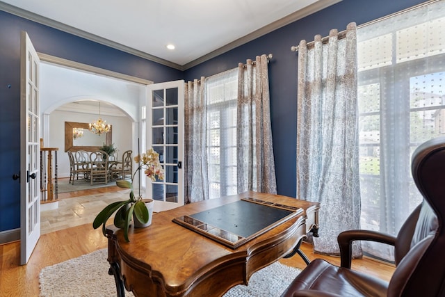 4021 Glenshire St, Houston, TX 77025 - office with french doors, a chandelier, crown molding, and healthy amount of natural light