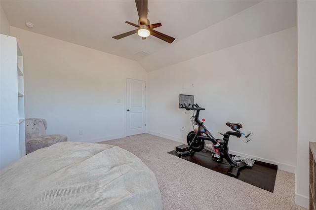 5038 Galahad Ct, Missouri City, TX 77459 - exercise room featuring ceiling fan, baseboards, carpet, and lofted ceiling